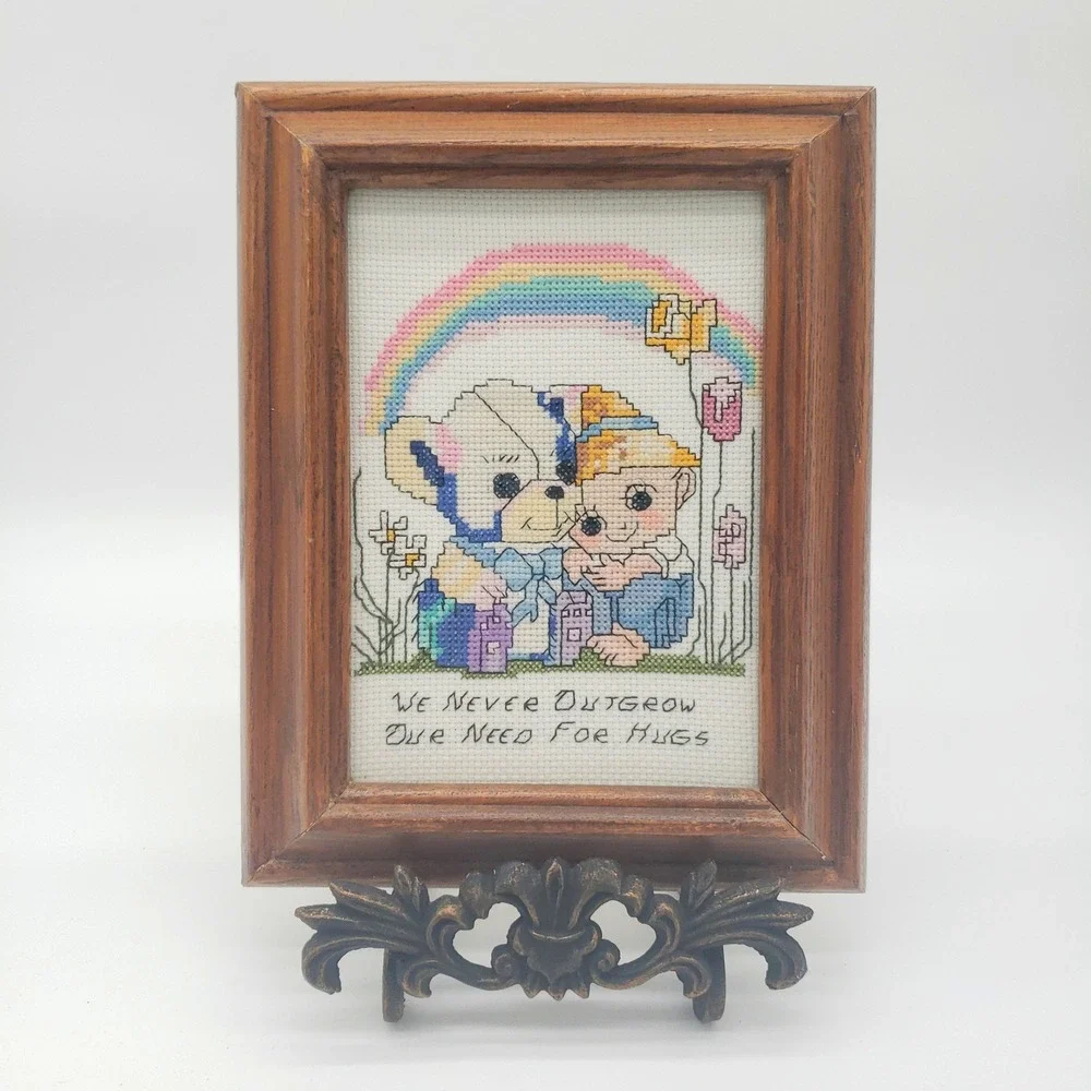 Vintage Framed Cross Stitch Rainbow Teddy Bears Hugs Wall Art Cottagecore Decor